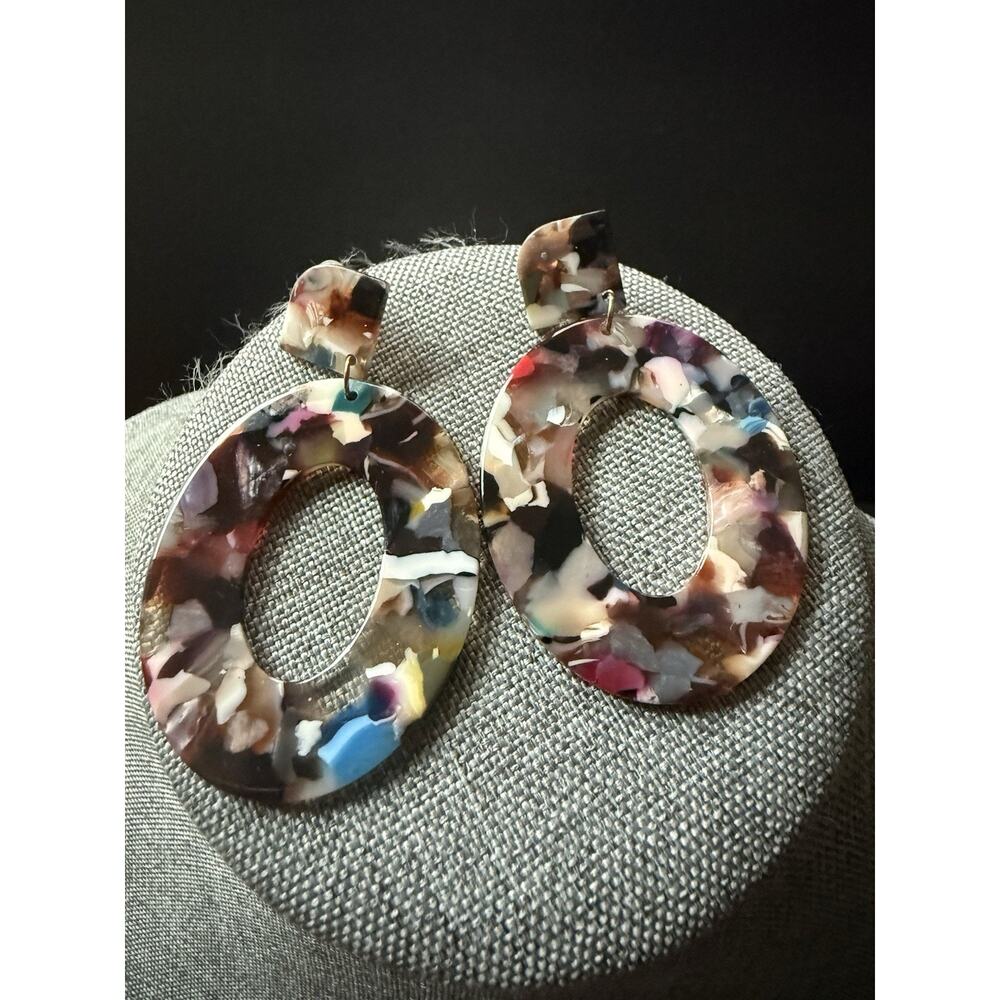 Acrylic Colorful Dangle Drop Earrings Hoop Mod Artsy Pierced Art To Wear Hippie